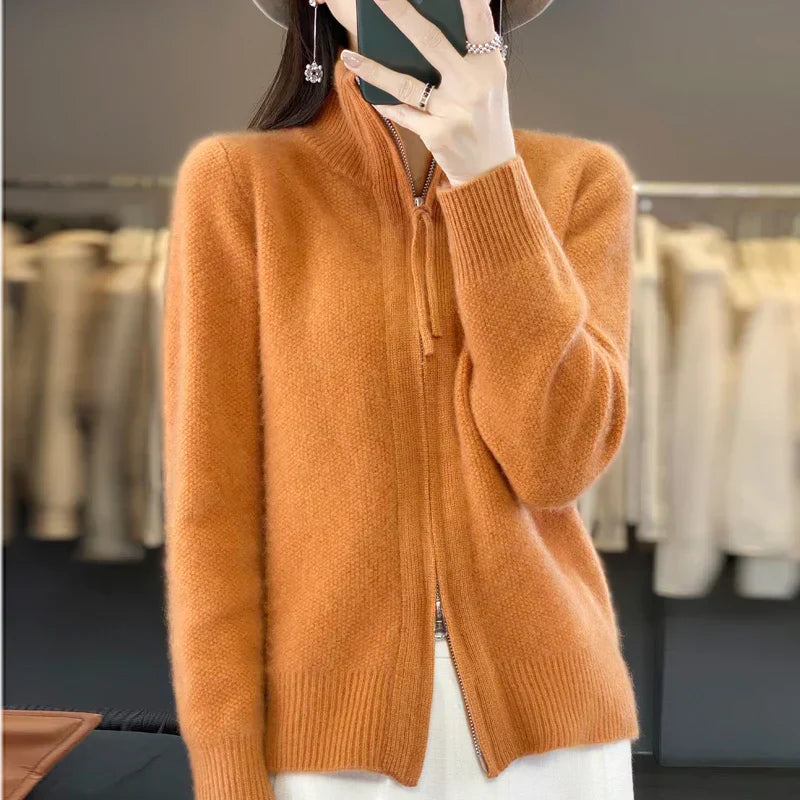 Berg-Feldt | Cardigan en Laine Double Fermeture Éclair et Col Montant Doux et Élégant