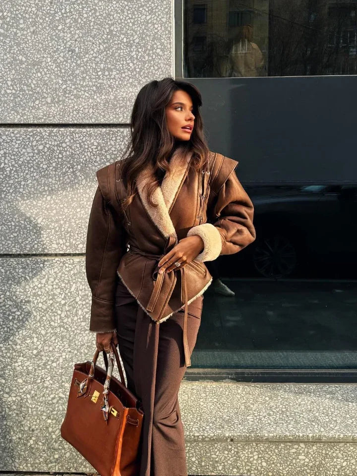 Berg-Feldt | Veste en cuir marron avec fourrure et ceinture