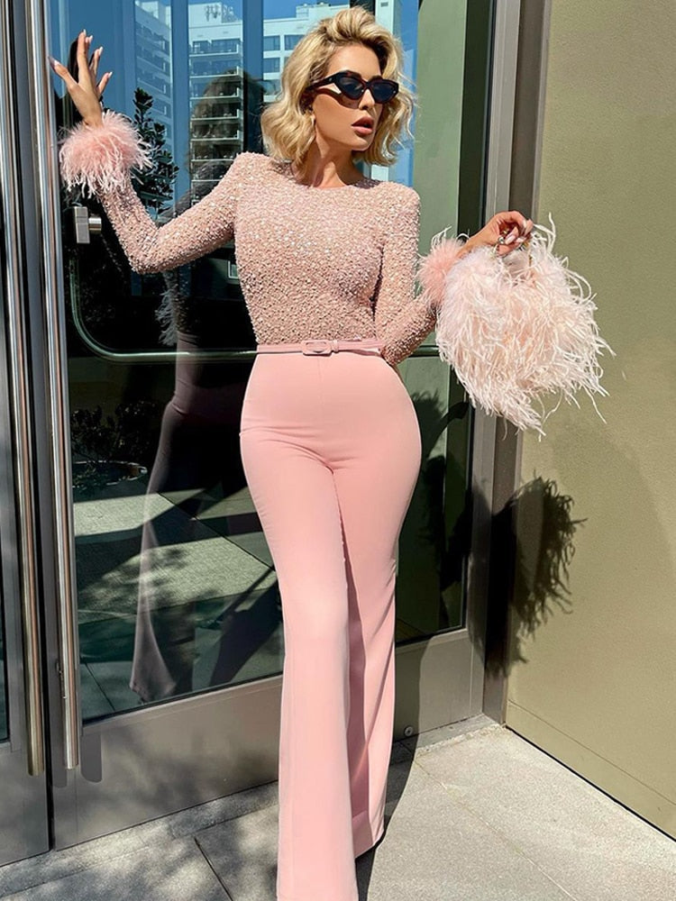 Combinaison-pantalon Anthea à paillettes et plumes