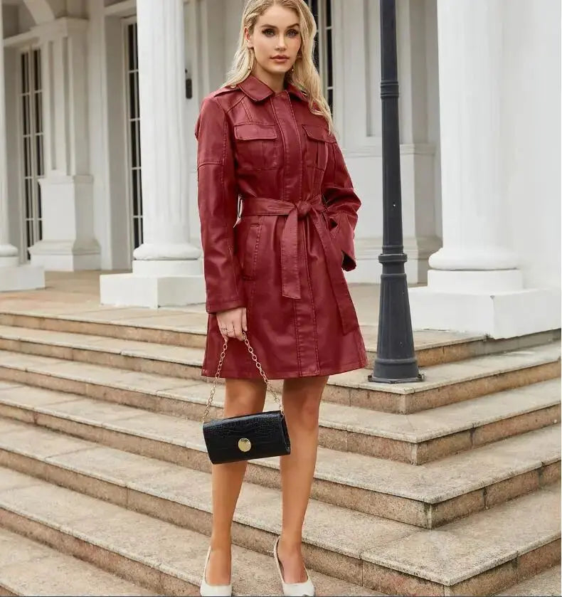 Berg-Feldt | Krawatte Taille Lange Ärmel Kunstleder Hemdkleid