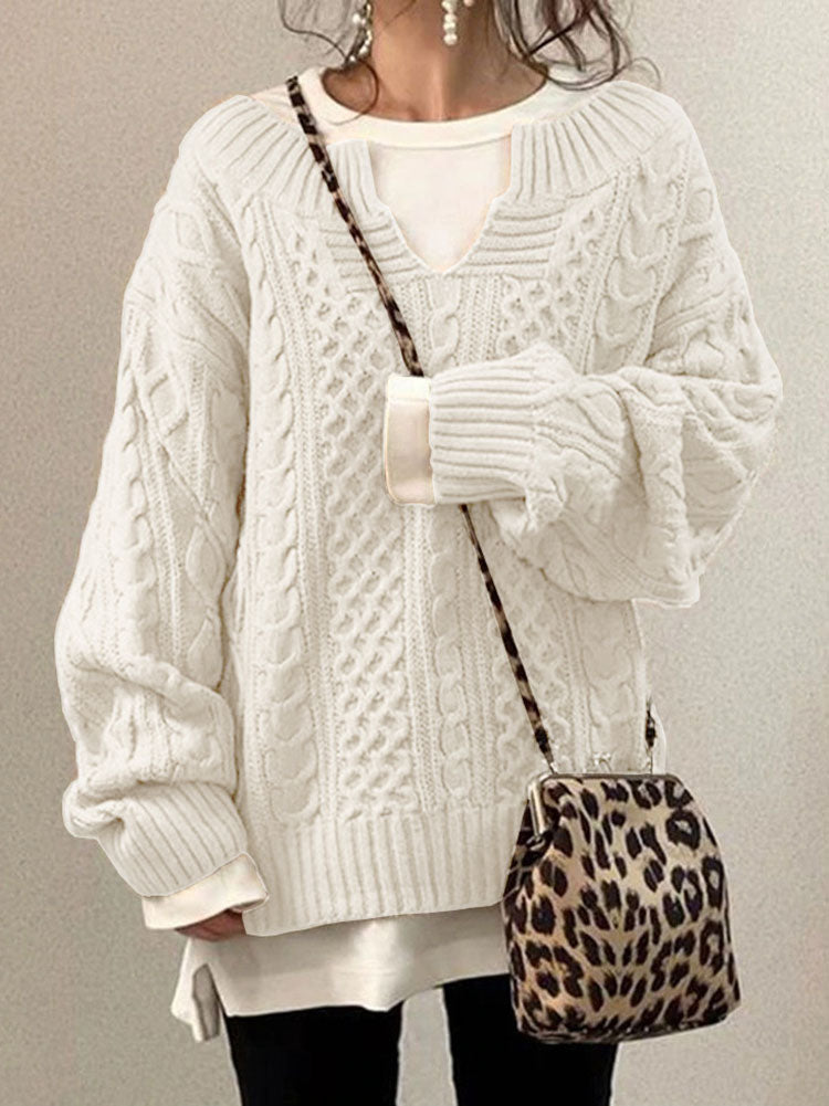 Berg-Feldt | Kabelstrickpullover - Damen Herbst Grobstrickpullover mit Schlitzkragen