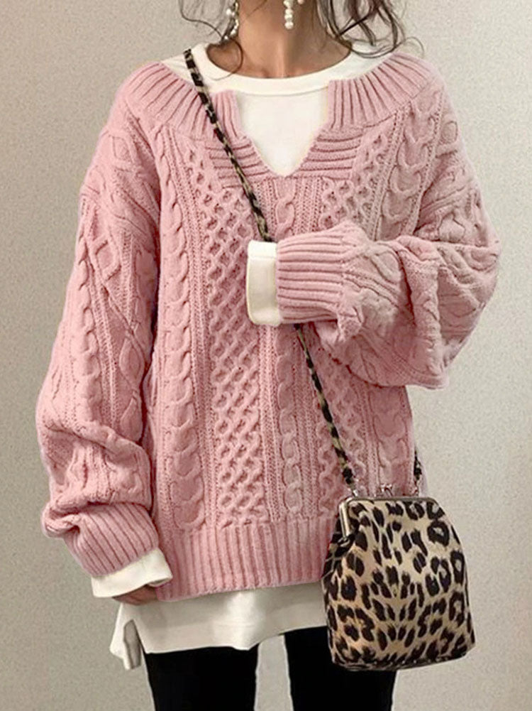 Berg-Feldt | Kabelstrickpullover - Damen Herbst Grobstrickpullover mit Schlitzkragen