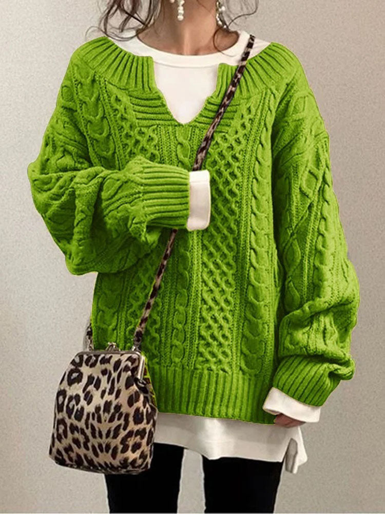 Berg-Feldt | Kabelstrickpullover - Damen Herbst Grobstrickpullover mit Schlitzkragen