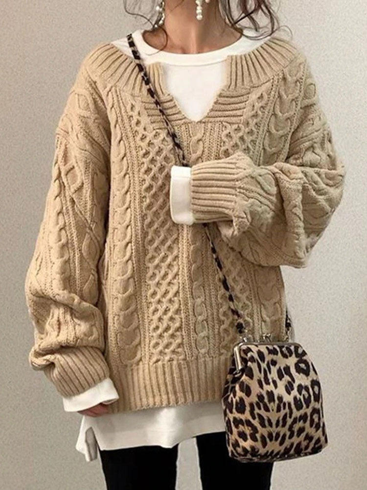 Berg-Feldt | Kabelstrickpullover - Damen Herbst Grobstrickpullover mit Schlitzkragen