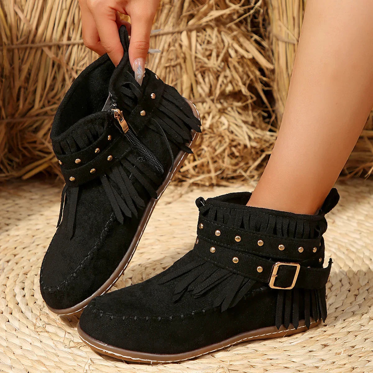 Berg-Feldt | Retro Kunstwildleder Schnalle Cowboy Stiefeletten