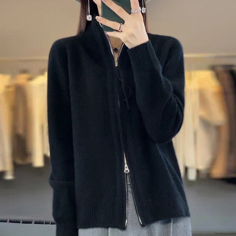 Berg-Feldt | Cardigan en Laine Double Fermeture Éclair et Col Montant Doux et Élégant