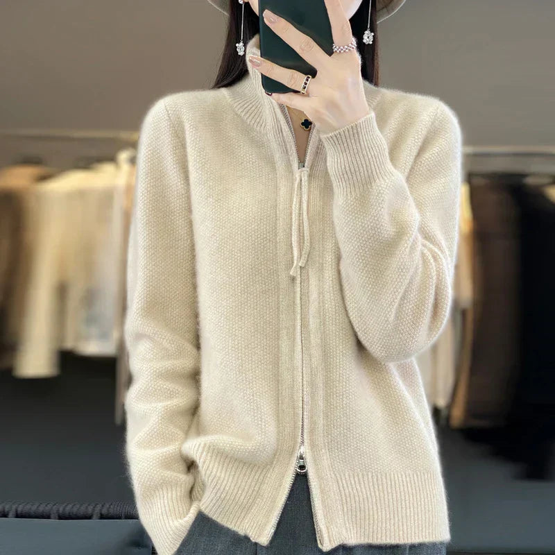 Berg-Feldt | Cardigan en Laine Double Fermeture Éclair et Col Montant Doux et Élégant