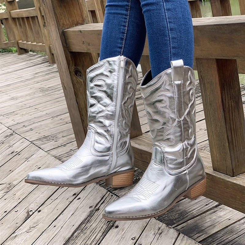 Berg-Feldt | Retro-Western-Cowboystiefel mit Seitlichem Reißverschluss Mittlerem Schaft Fluoreszierende Spitze Zehen
