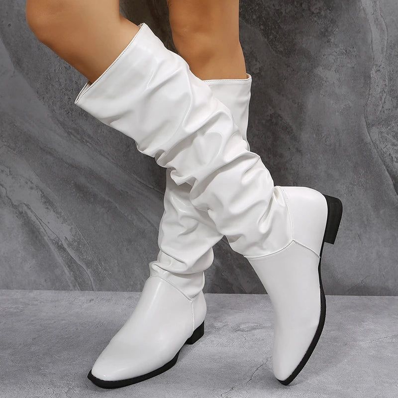 Berg-Feldt | Knielange Punk-Stil Falten Pu-Leder Stiefel
