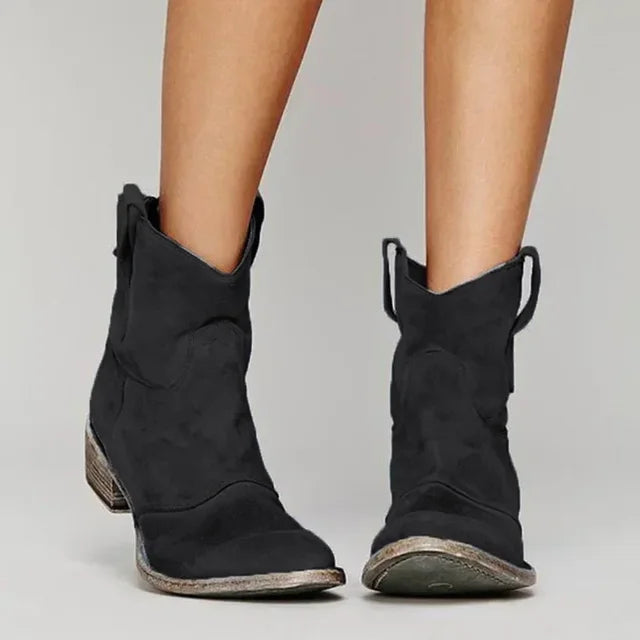 Berg-Feldt | Stiefeletten Wildleder Niedriger Absatz Weinlese Stil Westernzehe Zuglaschen