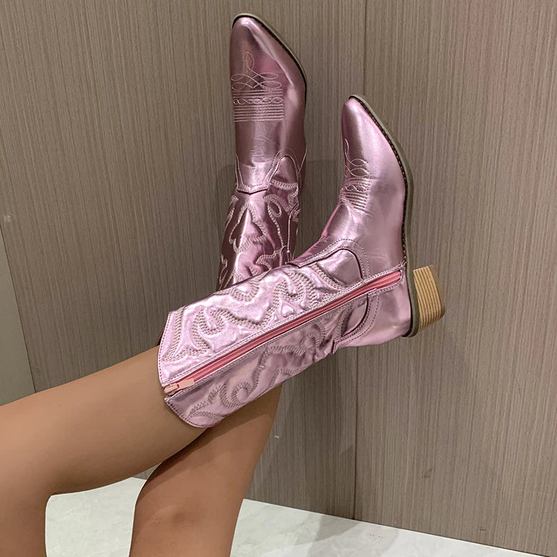 Berg-Feldt | Retro-Western-Cowboystiefel mit Seitlichem Reißverschluss Mittlerem Schaft Fluoreszierende Spitze Zehen