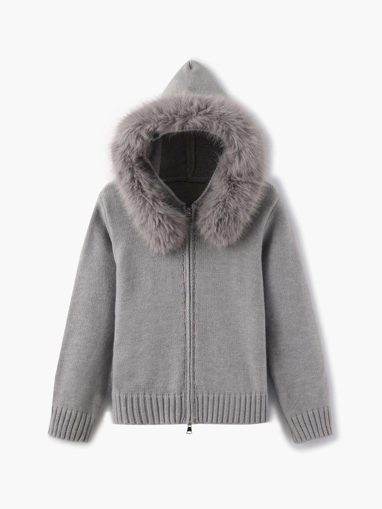 Berg-Feldt | Strickjacke Grau mit Kapuze und Kunstpelz Warme Winterjacke