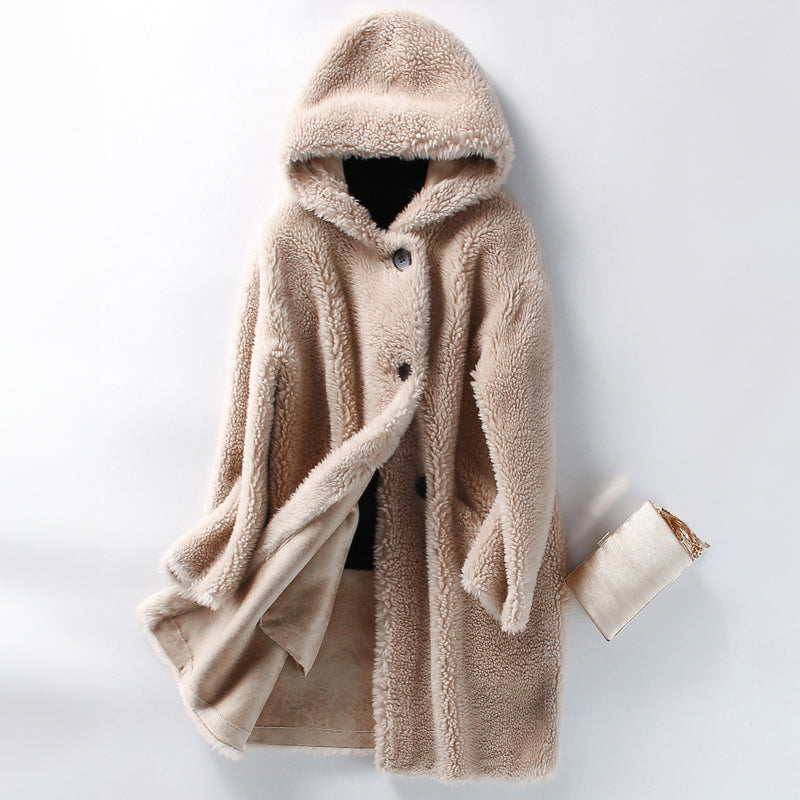 Berg-Feldt | Teddy Mantel - Oversized Fit - Mit Kapuze - Knopfverschluss - Mittellang