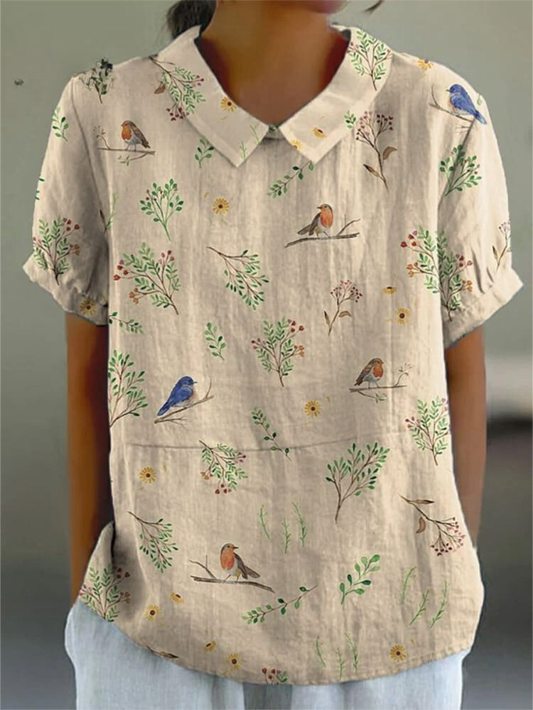 Chemisier en coton et lin pour femme : Coupe décontractée avec motif branche d'oiseau de Fudus