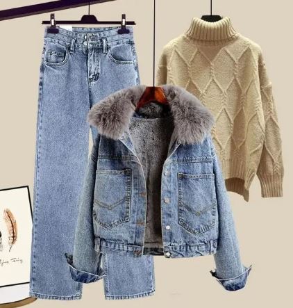 Berg-Feldt | Drei Teiliger Satz Bestehend Aus Jeans, Einer Jeansjacke und Einem Gestrickten Pullover mit Hohem Kragen