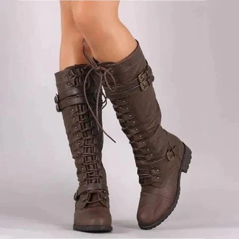 Berg-Feldt | Steampunk Knielange Stiefel Schnürung, Schnallendetail, Pu Leder für Herbst und Winter