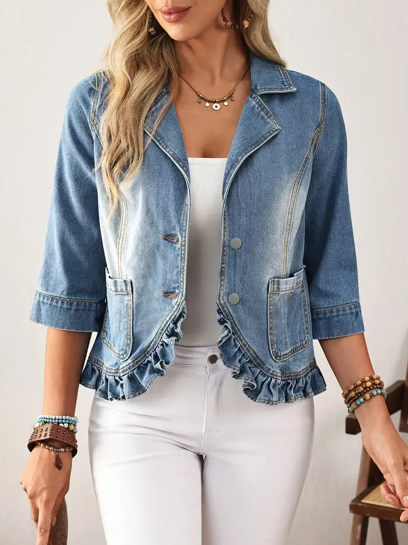 Berg-Feldt | Rüschen Denim Blazer Jacke Hellwasch Jeans Oberbekleidung