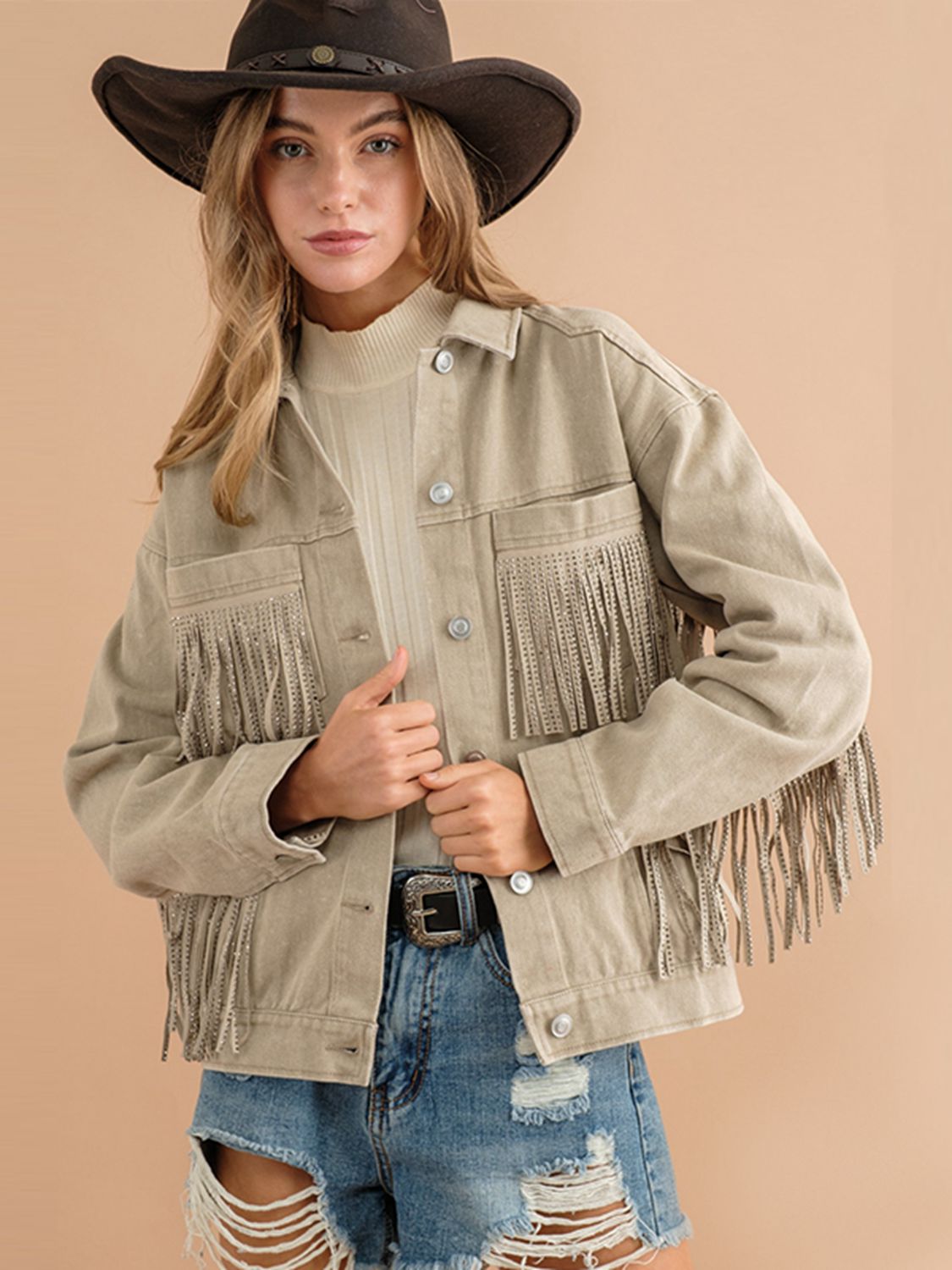 Berg-Feldt | Fransen-Detail Gefallene Schulter Denimjacke