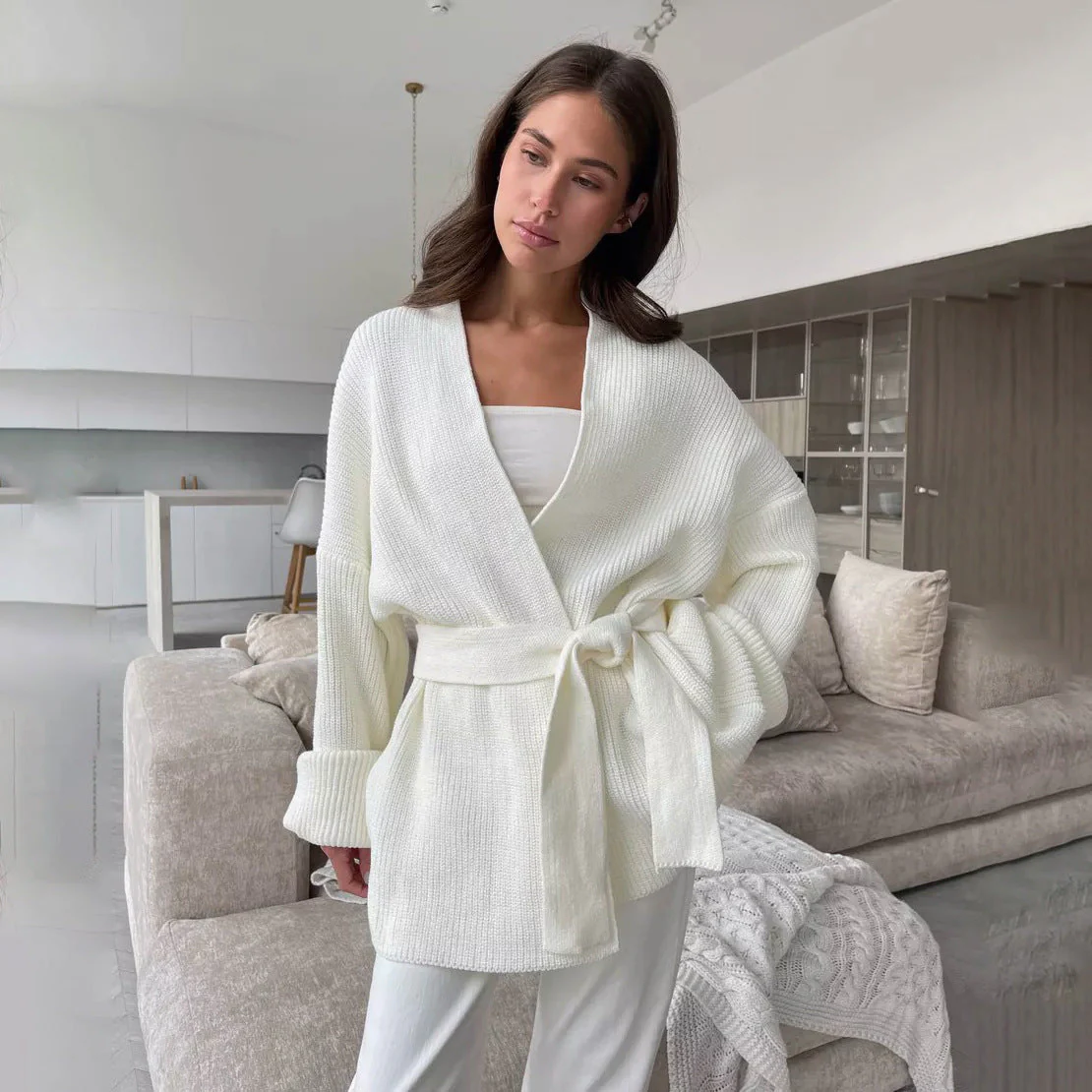 Berg-Feldt | gerippte Strick-Wickelstrickjacke mit Bindegürtel