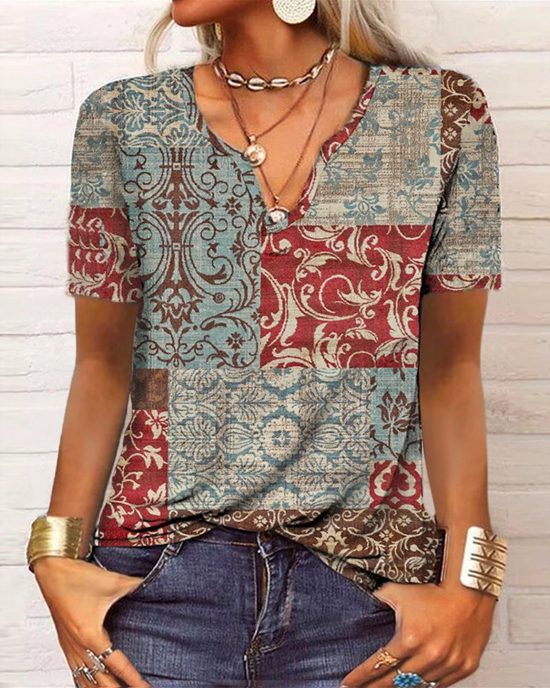 T-shirt à manches longues à fleurs et col en V ample Fudus pour femme