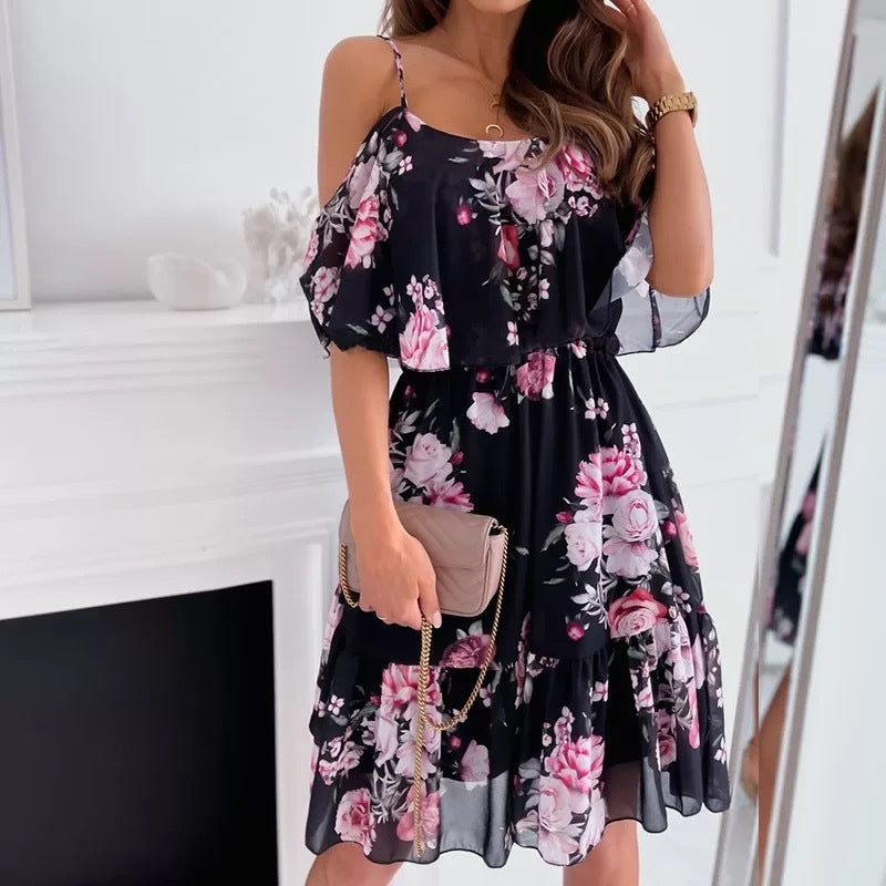 Robe à fleurs, avec volants et épaules dénudées Fudus pour femme