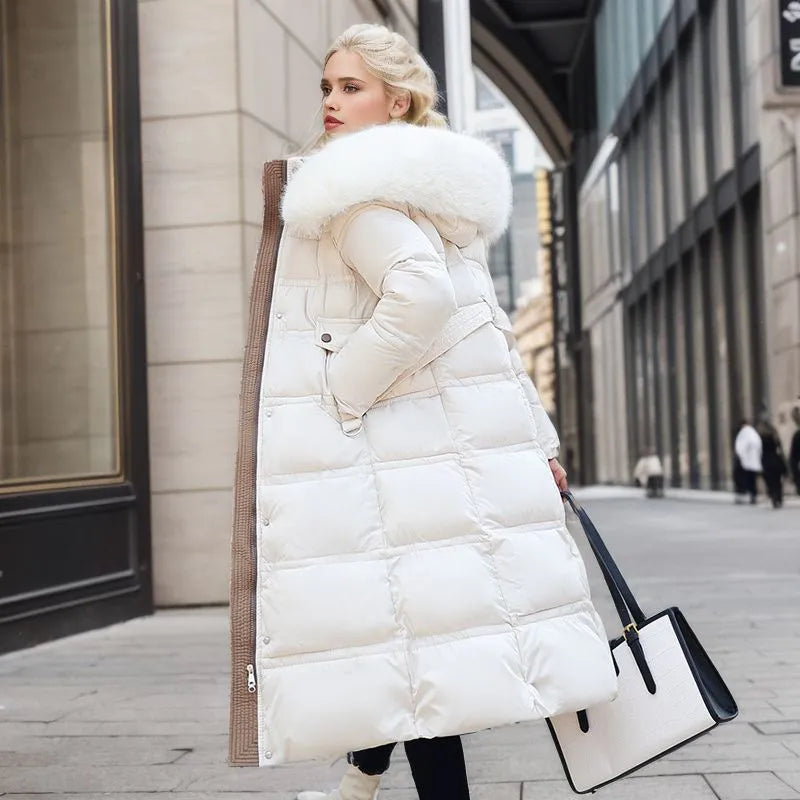 Berg-Feldt | Veste longue d'hiver pour femme avec capuche en fourrure et ceinture