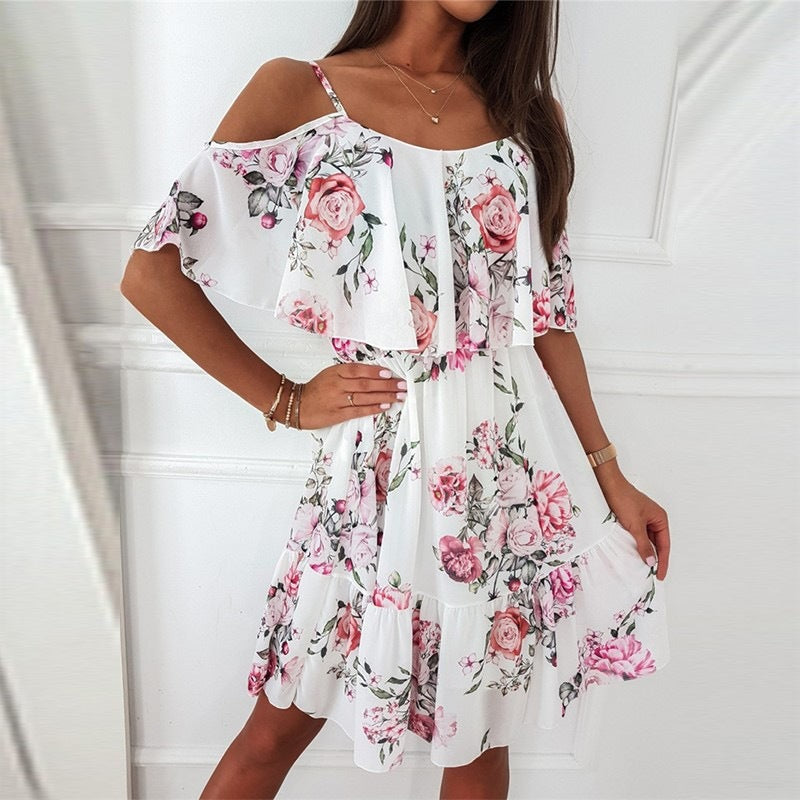 Robe à fleurs, avec volants et épaules dénudées Fudus pour femme