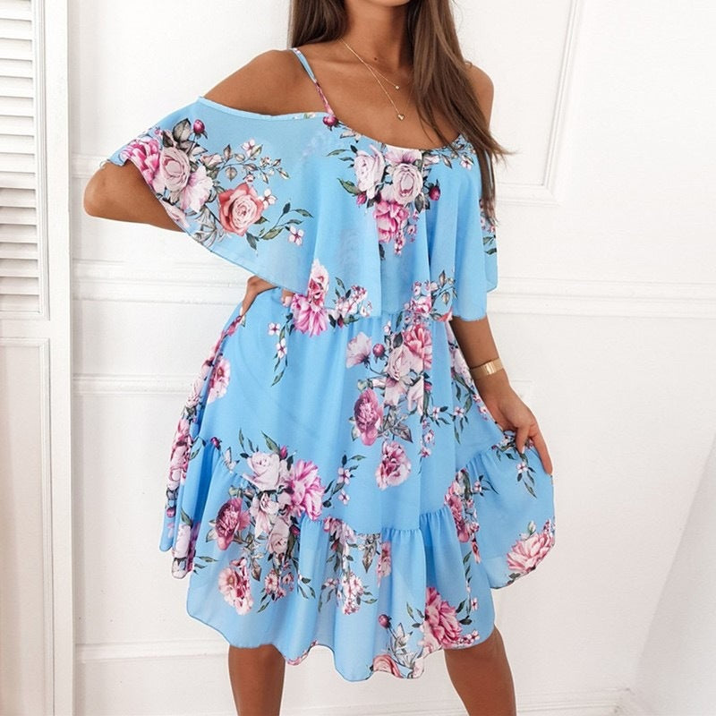 Robe à fleurs, avec volants et épaules dénudées Fudus pour femme