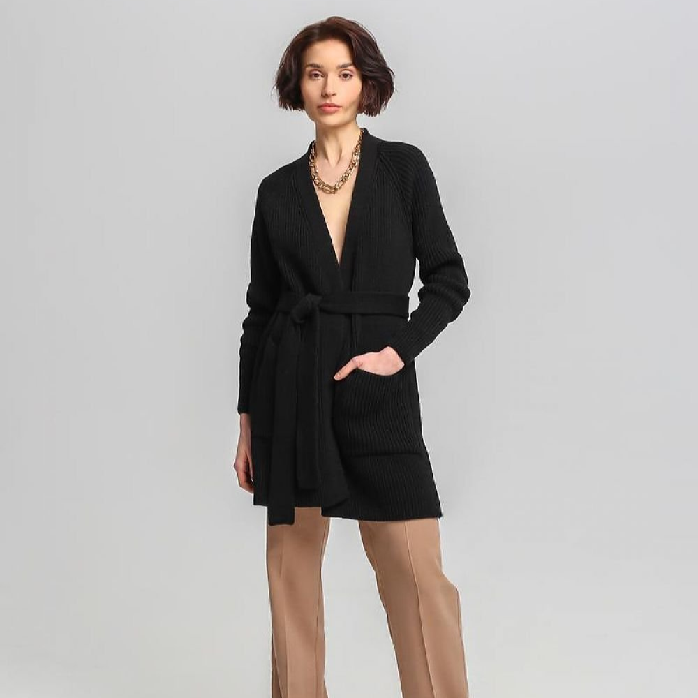 Berg-Feldt | Lang Rib-strickjacke Gürtel in Der Taille Elegant und Warm