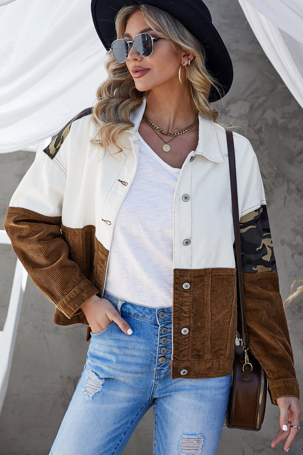 Berg-Feldt | Leopard Farbblock Knopfleiste Cord Baumwolljacke