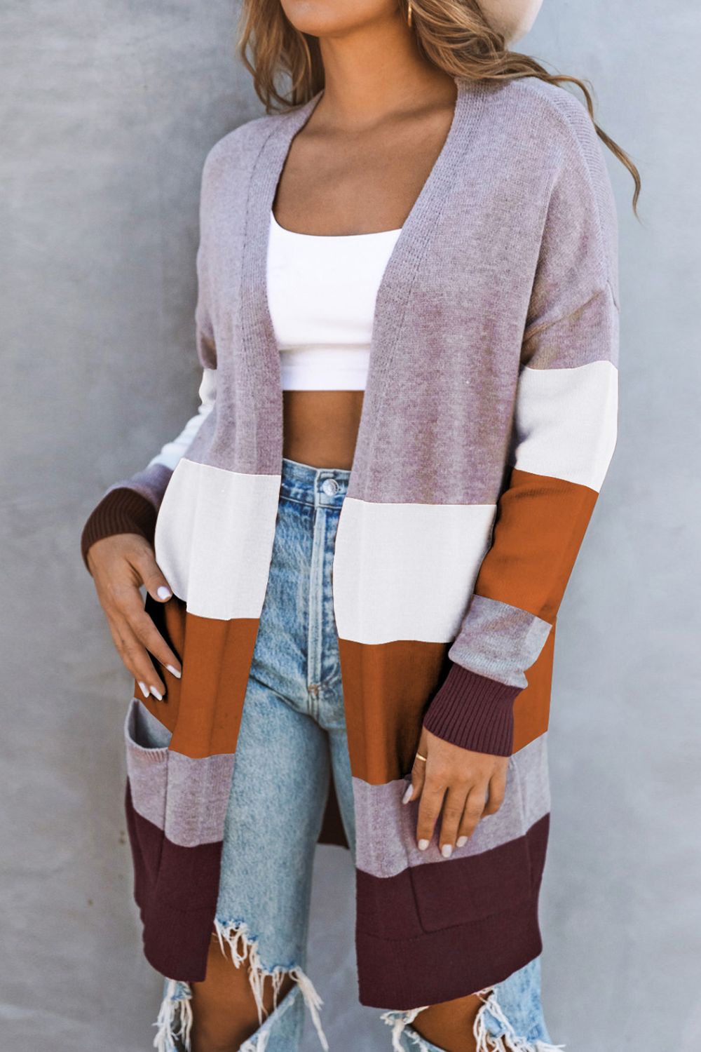 Berg-Feldt | Farbblock Offene Front Rippbündchen Cardigan mit Taschen