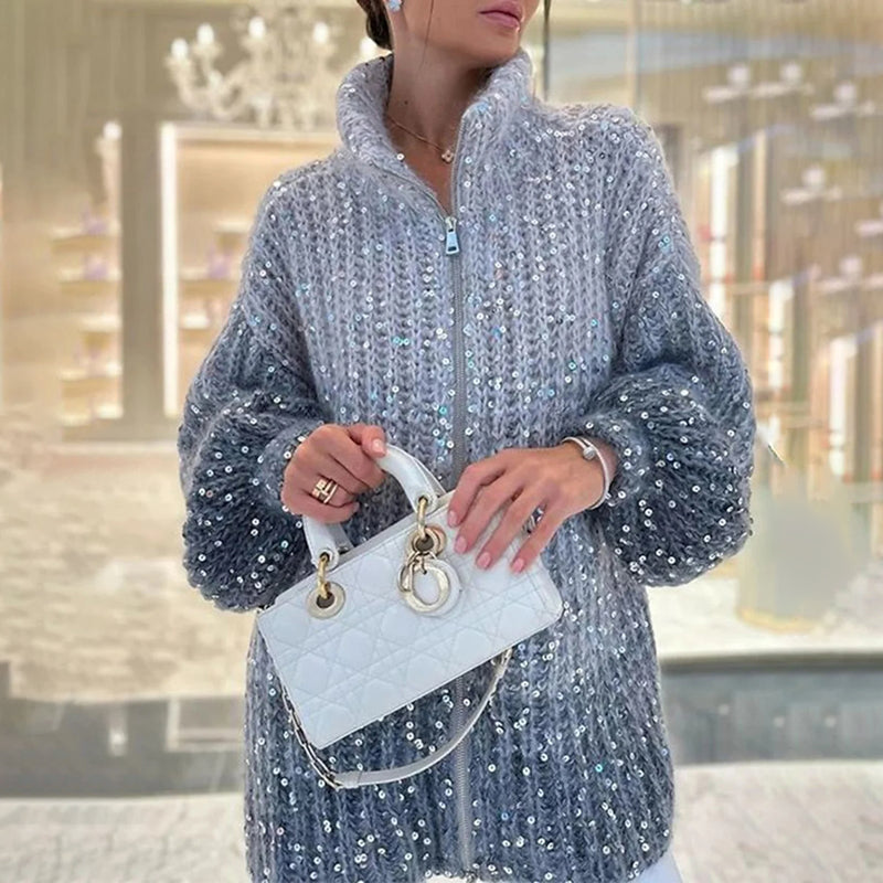 Berg-Feldt | Strickpullover mit Pailletten Ballonärmel Elegant und Handstrick-look