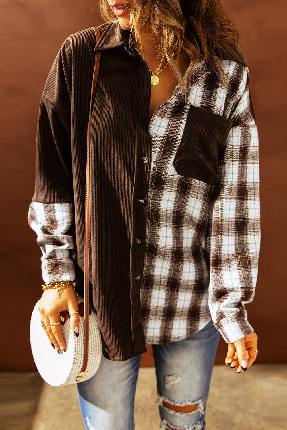 Berg-Feldt | Karierte Farbblock Gefallen Schulter Corduroy Shacket