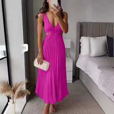Faltenkleid mit V-Ausschnitt, offenem Rücken und Trägern von Fudus