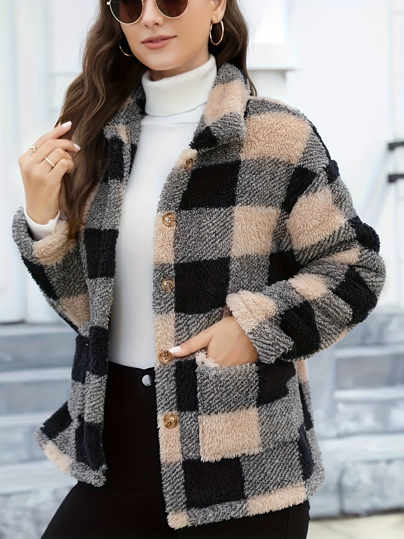 Berg-Feldt | Gitter Teddyjacke mit Knöpfen und Taschen Polyester Warm und Stilvoll