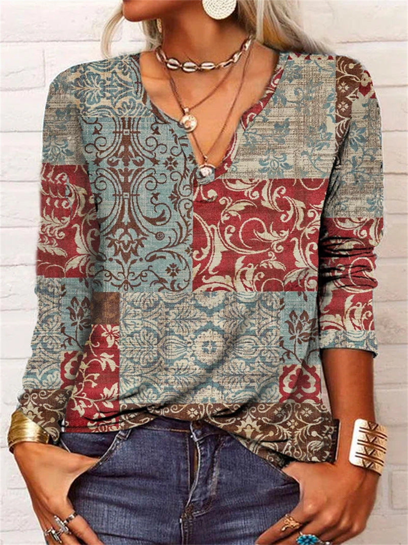 T-shirt à manches longues à fleurs et col en V ample Fudus pour femme
