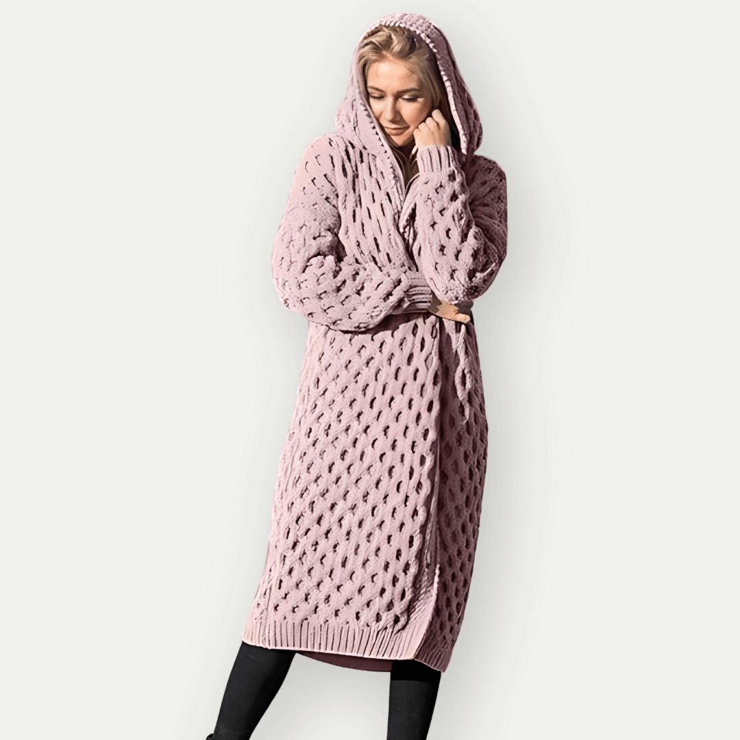 Berg-Feldt | Strickjacke - Lockere Passform - Langes Modell - Kapuze - Zopfmuster - Offene Vorderseite