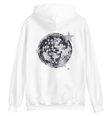 Sweat à capuche tendance et unique pour femme par Fudus, imprimé boule disco en blanc