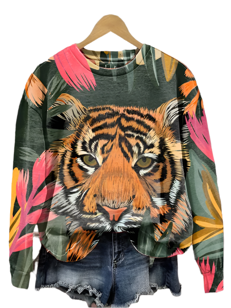 Sweat-shirt femme Fudus à manches longues, motifs animaux et fleurs