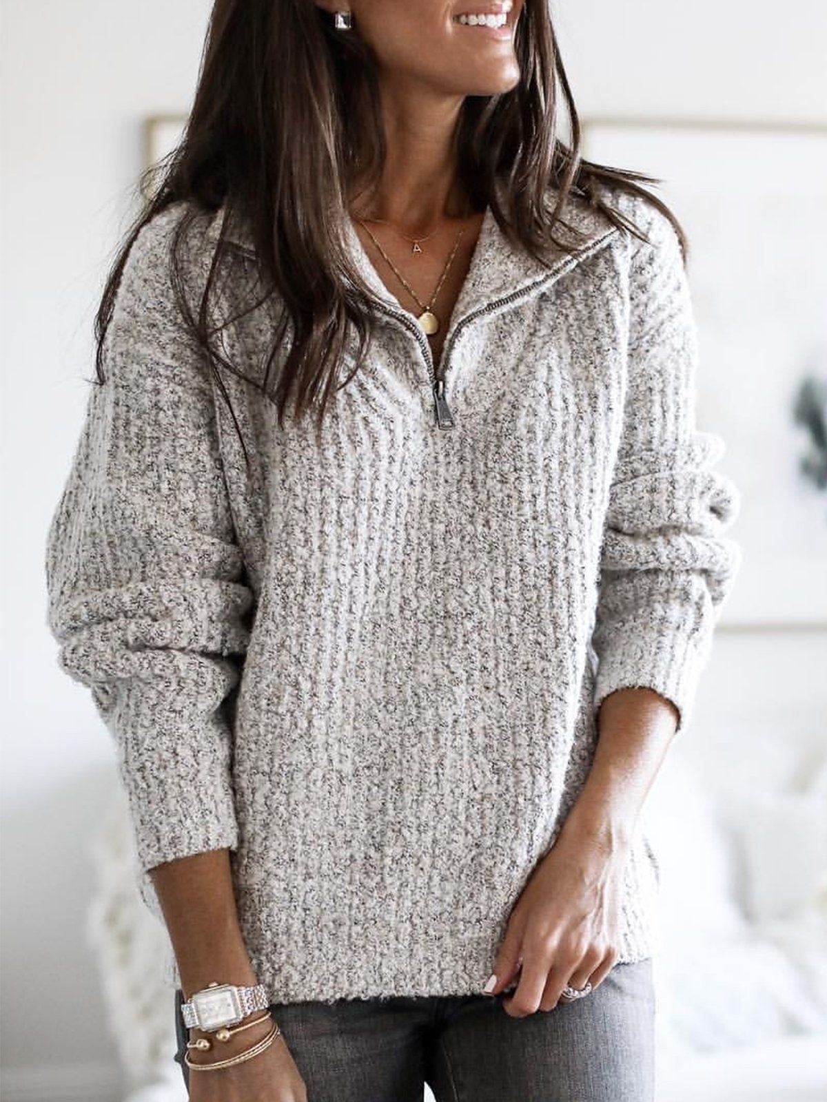 Berg-Feldt | Pullover - Damen Herbst Halbzipper Texturiertes Strick-Pullover