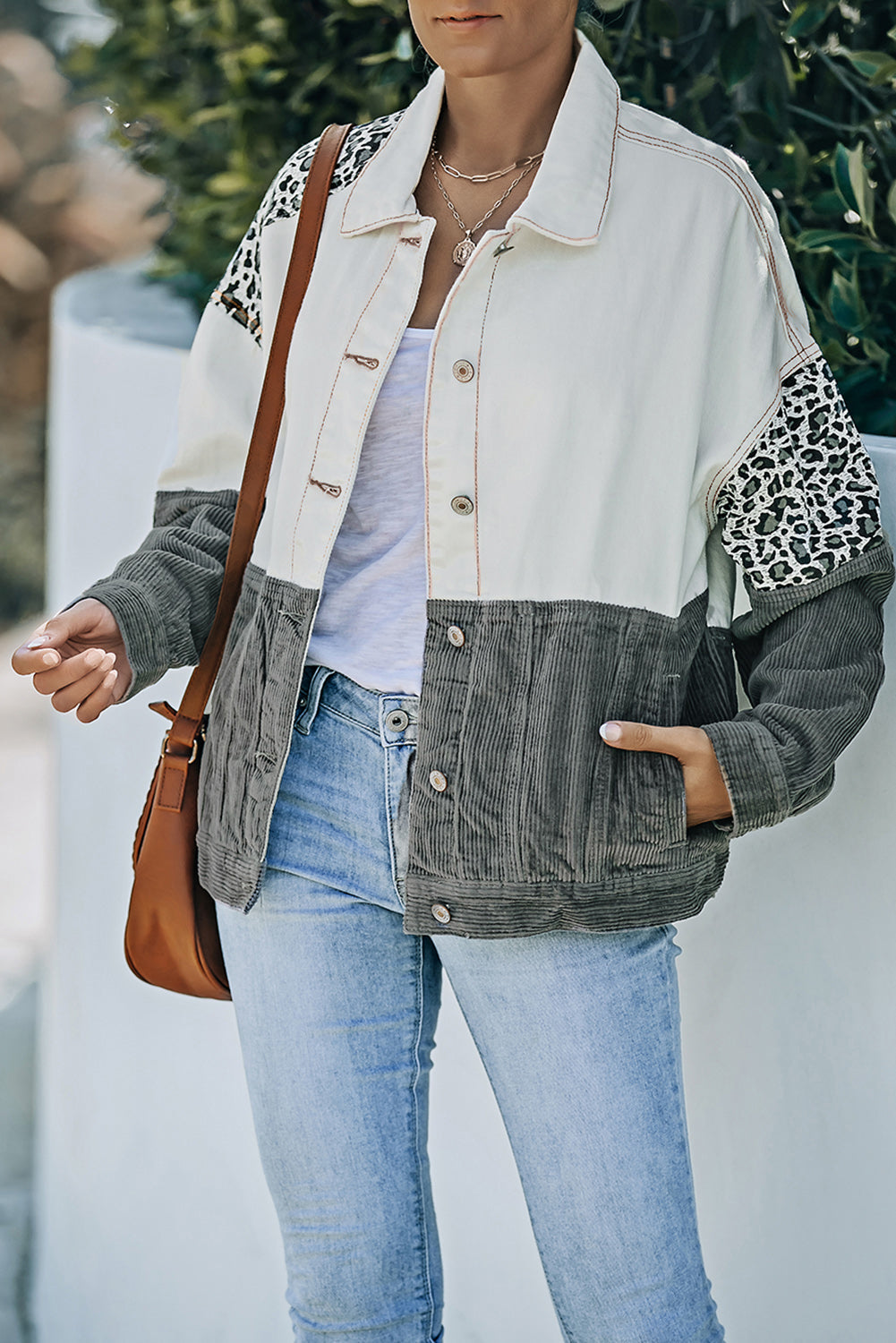Berg-Feldt | Leopard Farbblock Knopfleiste Cord Baumwolljacke