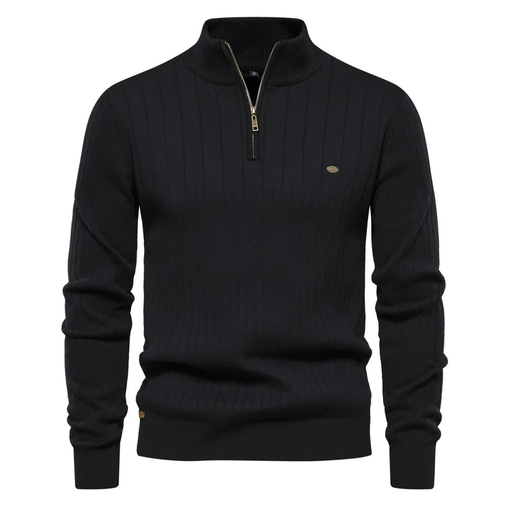 Pull pour homme en maille côtelée moderne avec demi-fermeture éclair