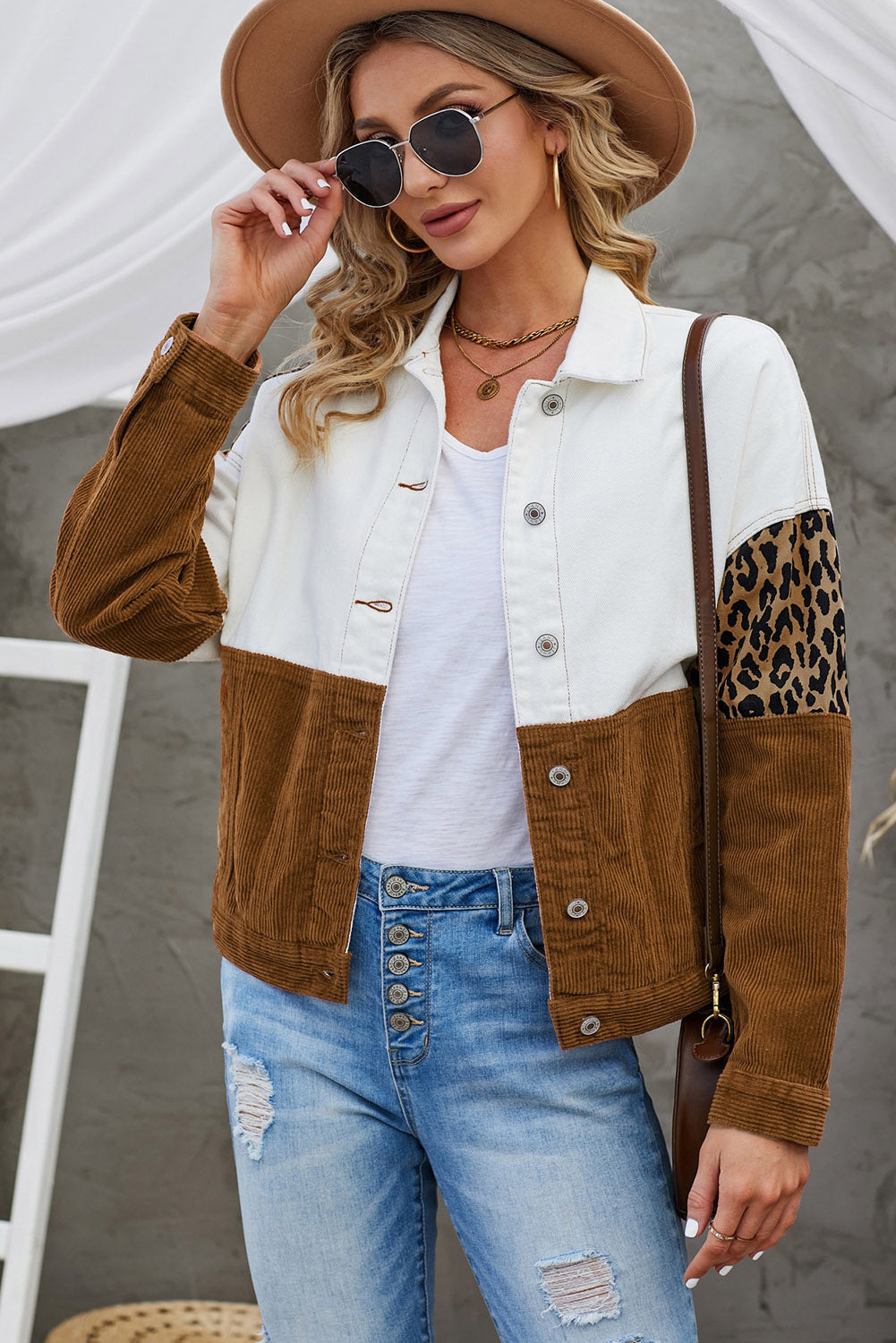 Berg-Feldt | Leopard Farbblock Knopfleiste Cord Baumwolljacke