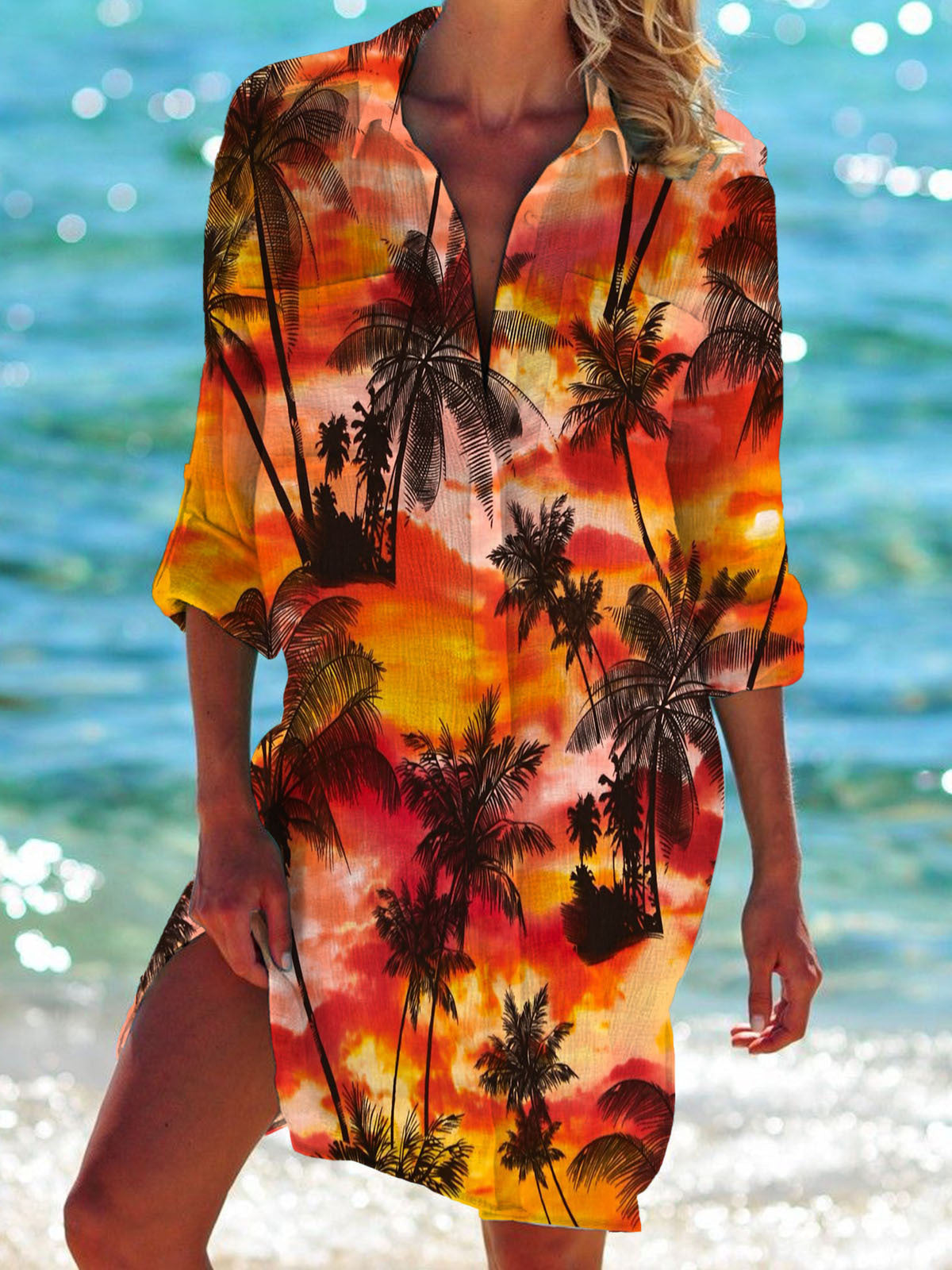 Strandkleid, Strickjacke, Badeanzug, Damenmode,  Fudus Print-Hemd für den Urlaub