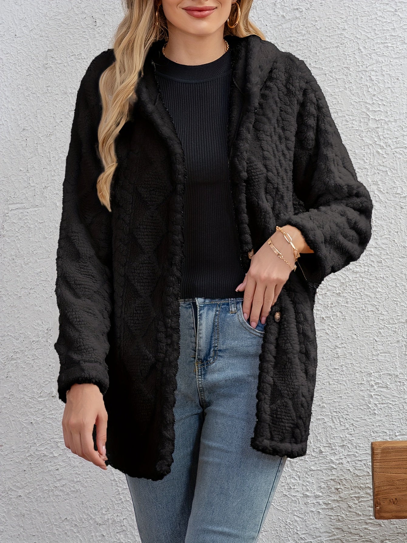 Berg-Feldt | Fluffy Kapuzenjacke mit Knöpfen Polyester Weich und Warm
