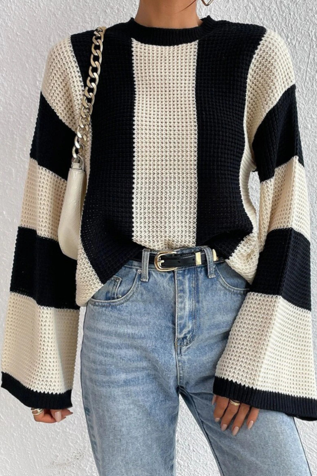 Berg-Feldt | Glocke mit Kontraststreifen Pullover mit Strickärmeln