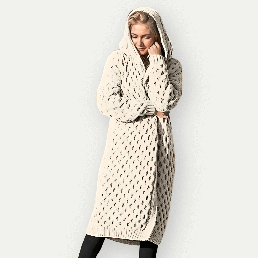 Berg-Feldt | Strickjacke - Lockere Passform - Langes Modell - Kapuze - Zopfmuster - Offene Vorderseite