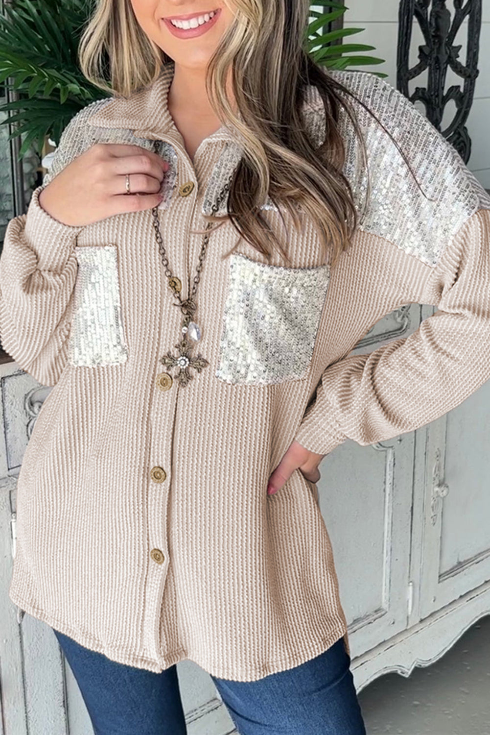 Berg-Feldt | Rippierte Hemdbluse mit Silber Pailletten Polyester-mischung Elegant und Festlich