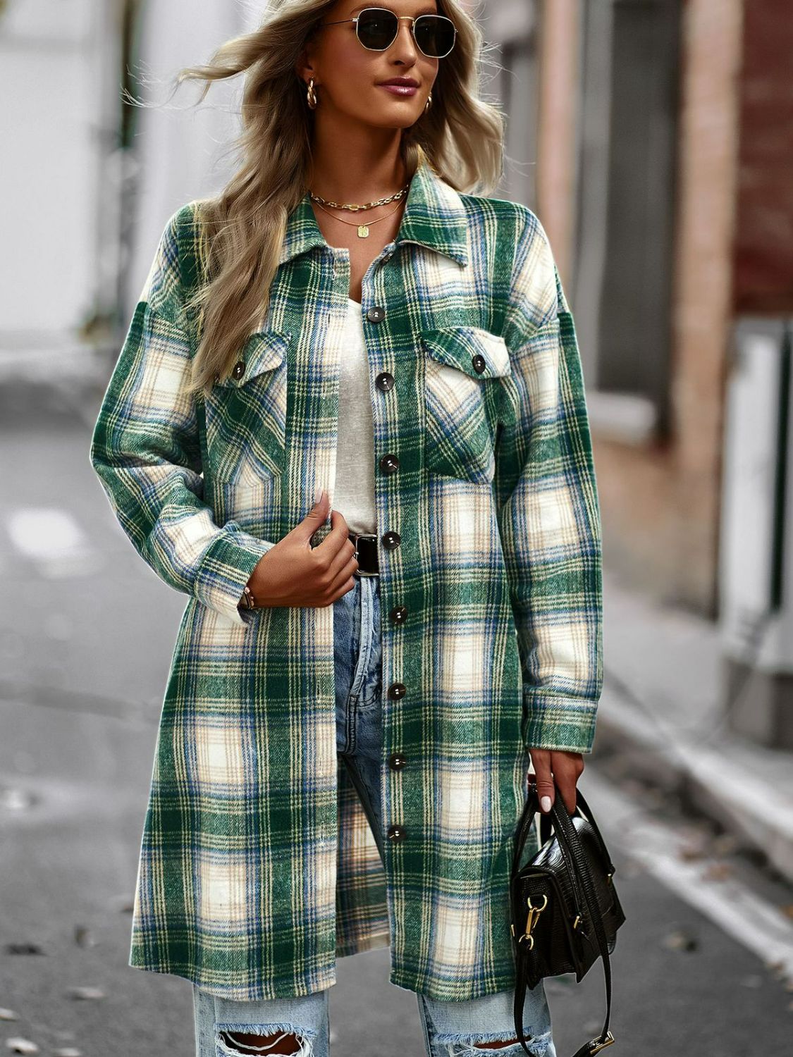 Berg-Feldt | Karierte Button-Up Longline Jacke mit Taschen