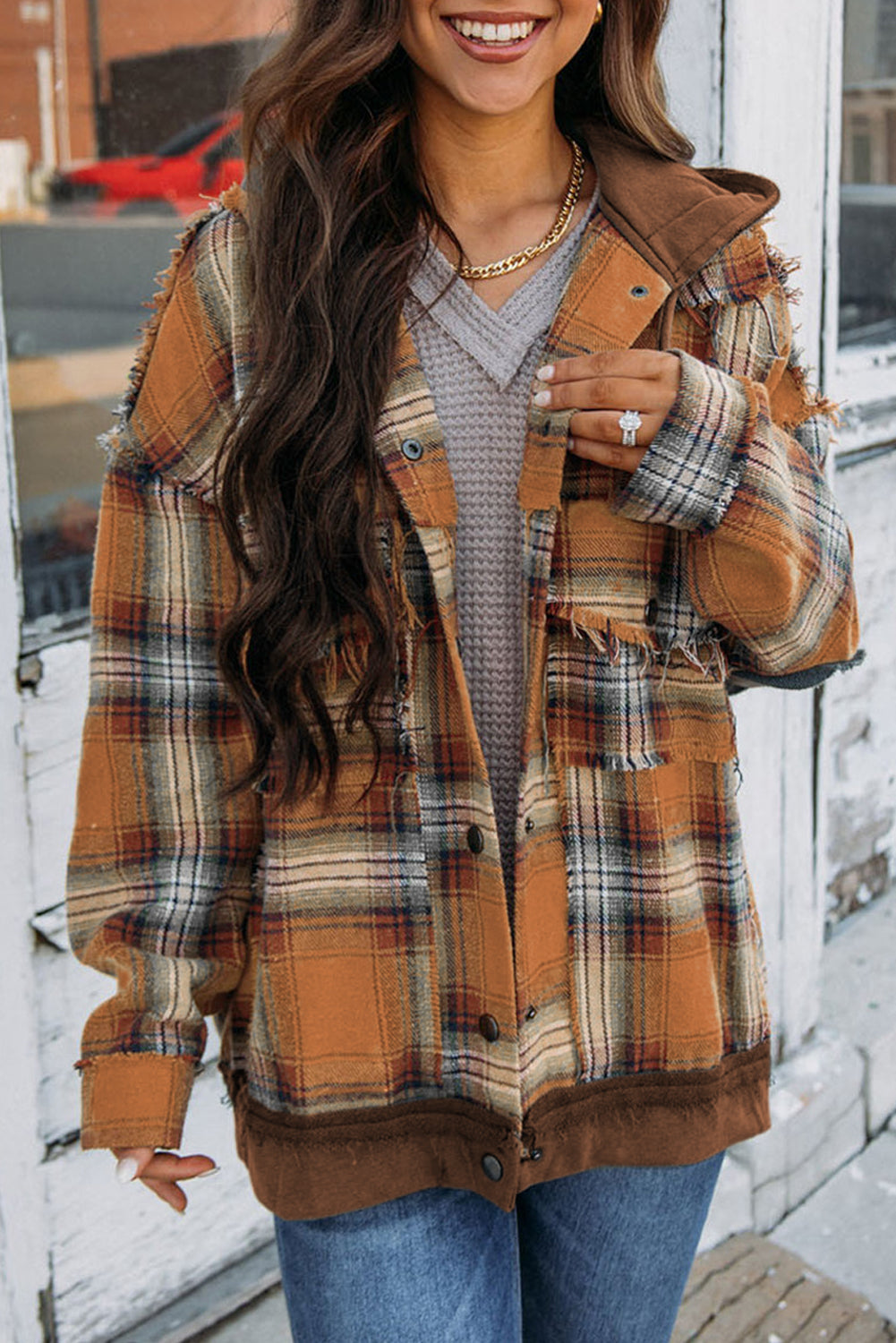 Berg-Feldt | Karierte Jacke mit Kapuze und Rohen Kanten Baumwolle Lässig und Trendy